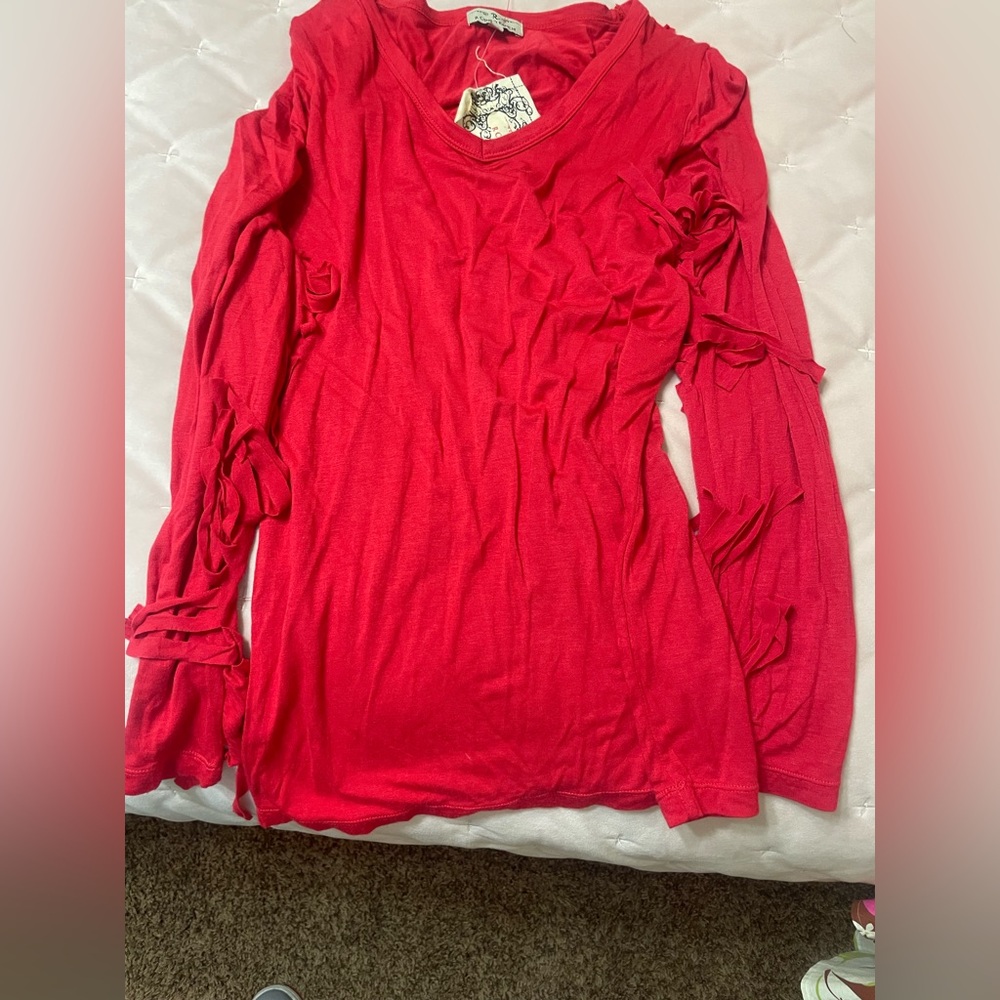 Bright Red Long Sleeve Tie-Detail Top